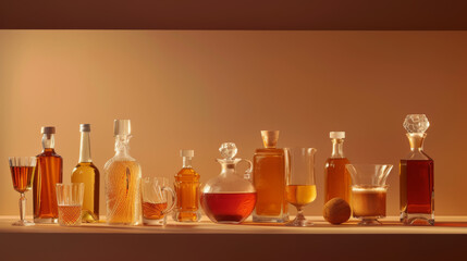 An assortment of alcoholic drinks in various glasses and bottles, with a carafe and a foamy mug of beer against a monochromatic orange backdrop.