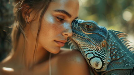 Fototapeta premium A woman and an iguana. Totem.