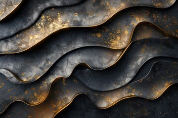 Black and gold metal 3D modern luxury futuristic background. Abstract close-up of luxurious black and gold textured elements, perfect for high-end fashion and design.