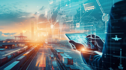 futuristic scene where a person is using augmented reality (AR) to interact with a complex interface, overlaid on a shipping port background.