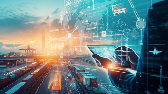 futuristic scene where a person is using augmented reality (AR) to interact with a complex interface, overlaid on a shipping port background.