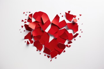 A heart-shaped sculpture created by folding red paper placed on a plain white background.
