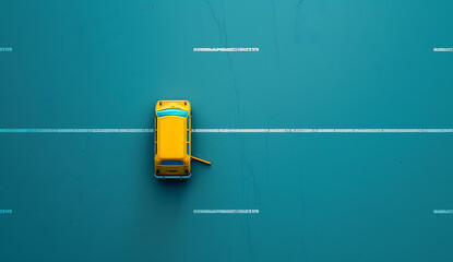 the top of a yellow van in a roadway with a line thro