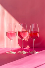 the three glasses are standing atop a table over pink