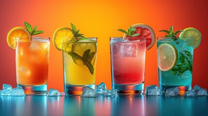 Four Flavors of Mint Juleps, A Variety of Fruity Drinks, Sweet and Refreshing Summer Cocktails, Colorful Glasses Filled with Ice and Lemonade. - obrazy, fototapety, plakaty