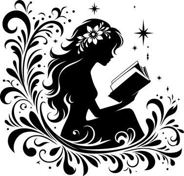 recommend clip art: girl silhouette reading a book with flowers ornament, decoration, floral design. 