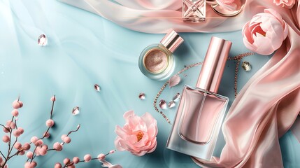 Elegant beauty setup with makeup products on silk. soft pastel colors, the essence of femininity and luxury. perfect for beauty brands. AI