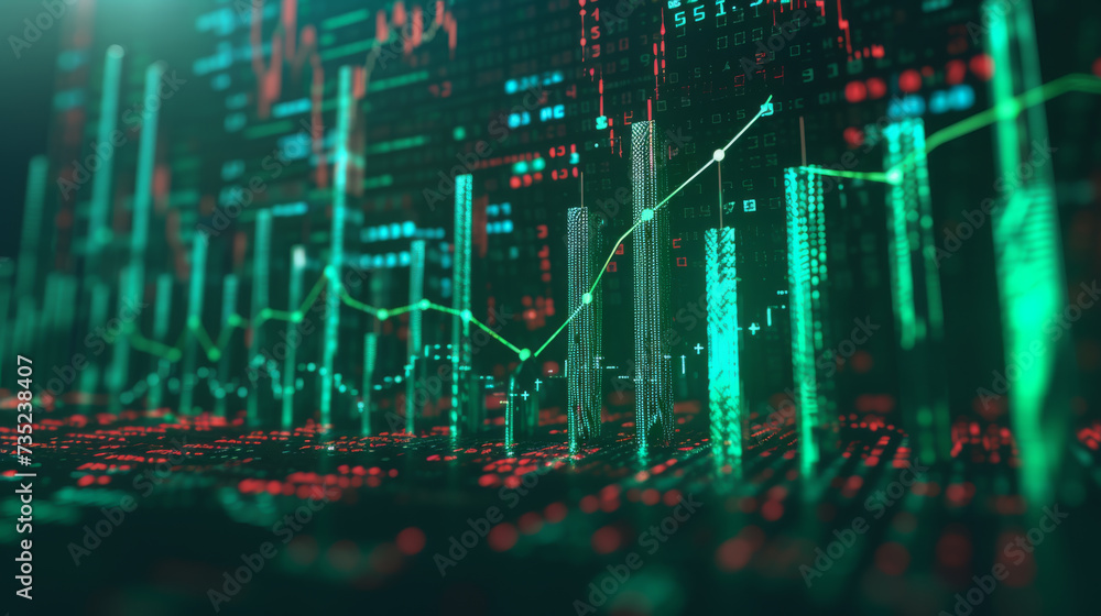 Poster digital graphical representation of a stock market with fluctuating graphs, numerical data, and upwa