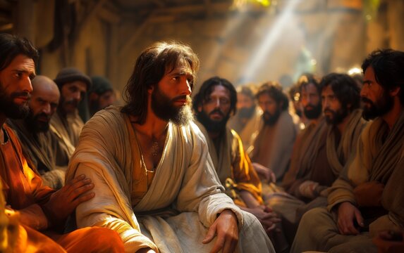 A closed room, Apostles gathered around, Christ after resurrection appears among them, bringing peace. 