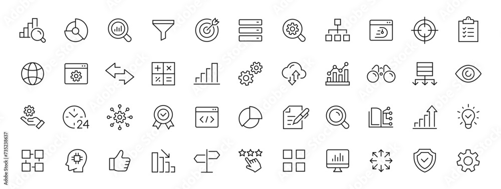 Poster Data analytics thin line icons set. Data analysis editable stroke icon. Analytics, data, optimization