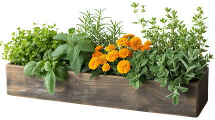 Wooden flower pot with herbs and flowers, isolated on a transparent background. Generative AI.