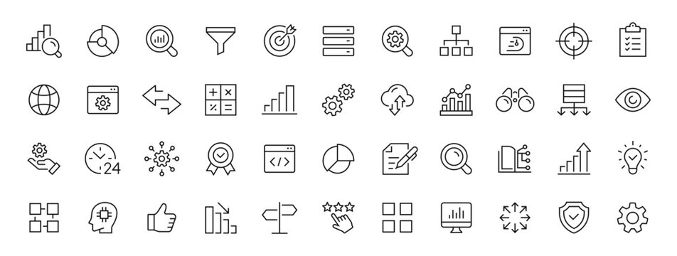 Data analytics thin line icons set. Data analysis editable stroke icon. Analytics, data, optimization