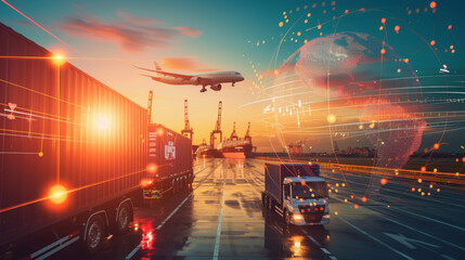 dynamic transportation and logistics concept, showcasing various modes of freight transport such as trucking and aviation, integrated with digital connectivity and global networking. - obrazy, fototapety, plakaty
