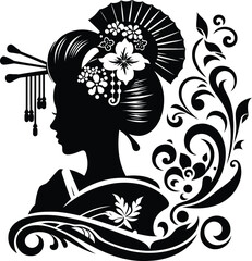 girl geisha, silhouette flowers ornament decoration, floral vector design. 
