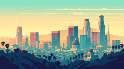 Skyscrapers and iconic landmarks like the Capitol Records Building and the Griffith Observatory rise up in simplified, blocky shapes against the skyline