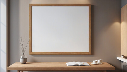 Minimalist White Canvas on Wooden Frame on Table