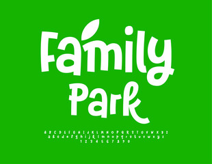 Vector cute emblem Family Paark with decorative Leaf. Minimalistic White Font. Unique set of Alphabet Letters and Numbers