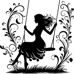 girl playing in a swing, silhouette flowers ornament decoration, floral vector design. 