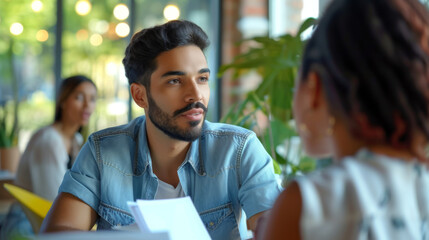 A man in a denim shirt is attentively listening to a woman during a casual meeting in a caf? filled with natural light and green plants.