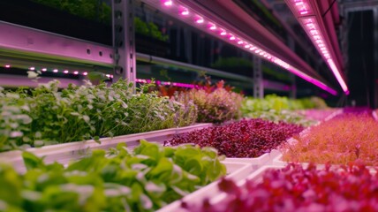 Microgreens Growing Under LED Lights - A close-up of microgreens in a hydroponic system, showcasing the efficient use of space and technology in agriculture.