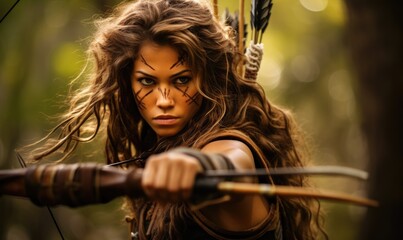 A woman with long hair firmly holds a bow and arrow, displaying her skilled archery technique.