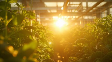 Harvest Glow: Greenhouse in Golden Light - The golden hour casts a warm light over greenhouse plants ready for harvest.
