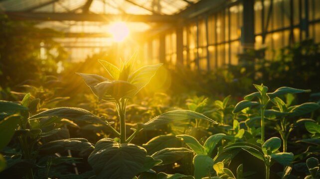 Greenhouse Sunrise: Photosynthesis in Action - The sun's rays highlight the process of photosynthesis in a lush greenhouse environment.