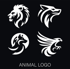Collection of modern logos of various predatory animals tribal style of wolf, fox, lion and eagle