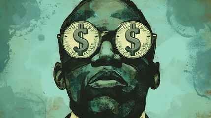  A caricature of a money-loving person, with dollar signs on the glasses