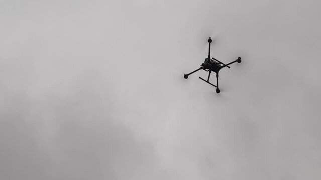 industrial drone - specialized, suspended in air, observing and executing mission