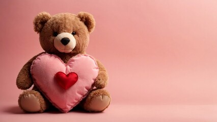 A teddy bear hugging a heart, on a light pink background, Valentine's Day hearts, Valentine's Day background, blank copy space
