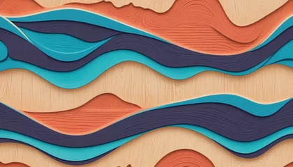 Tuinposter Abstract Wallpaper, seamless, soft curvy waves, pattern, Retro wave style, soft neon colors, gradient, Wood carving layers, background, blue © SR07XC3