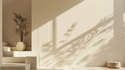 Modern beige Interior with geometrical sunlight, shadows and natural decor. Empty wall mockup 