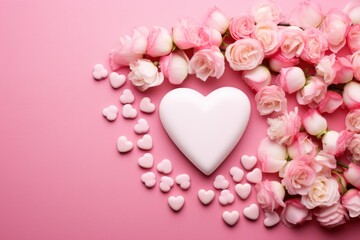Obraz premium A white heart-shaped object is surrounded by pink roses on a pink background, creating a visually pleasing composition.