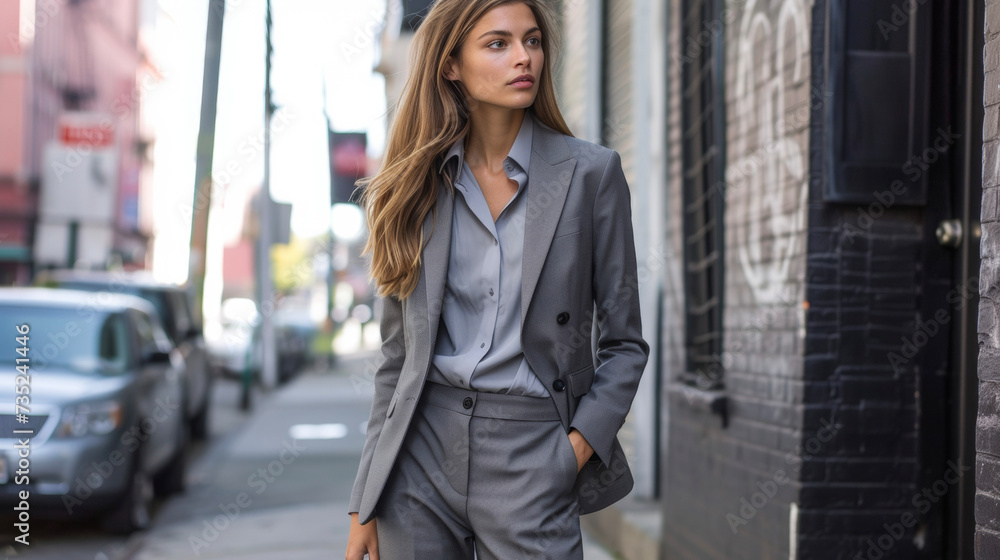 Poster keep it chic and simple with a grey suit set complete with a collared blouse and pointedtoe flats.