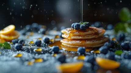 Delicious pancakes with blueberries. Topped with syrup.