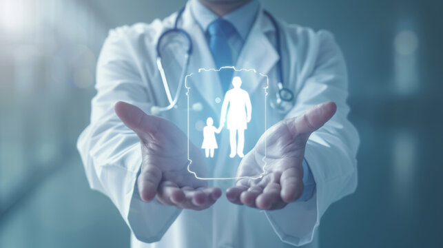 A doctor holding a holographic image of a family, symbolizing healthcare and protection.