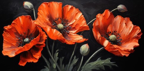 A painting featuring three red flowers on a black background, capturing the vibrant colors and contrasting elements of the composition.