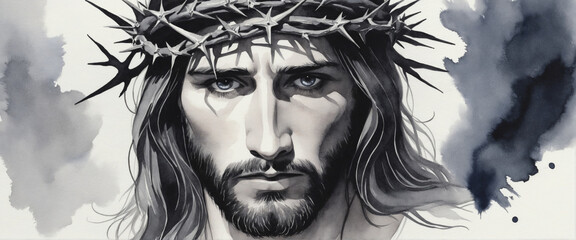 Monochrome watercolor painting of Jesus wearing a crown of thorns with empty space for text