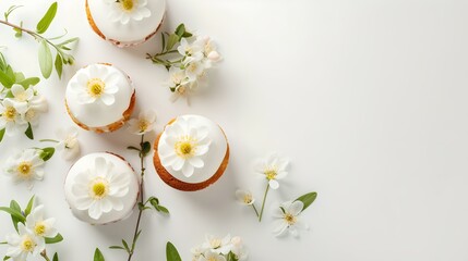 Fresh floral arrangement with white flowers and desserts on a light background. simple elegance for events. perfect for spring themes. AI