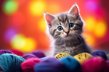 Fototapeta na wymiar Playful Kitten Amongst Colorful Yarns