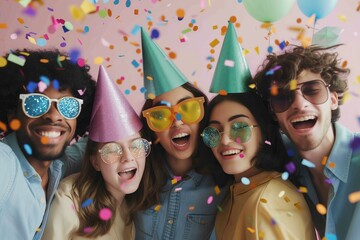 people wearing party hats and festive casual clothes and glitter party glasses on a pastel background with confetti