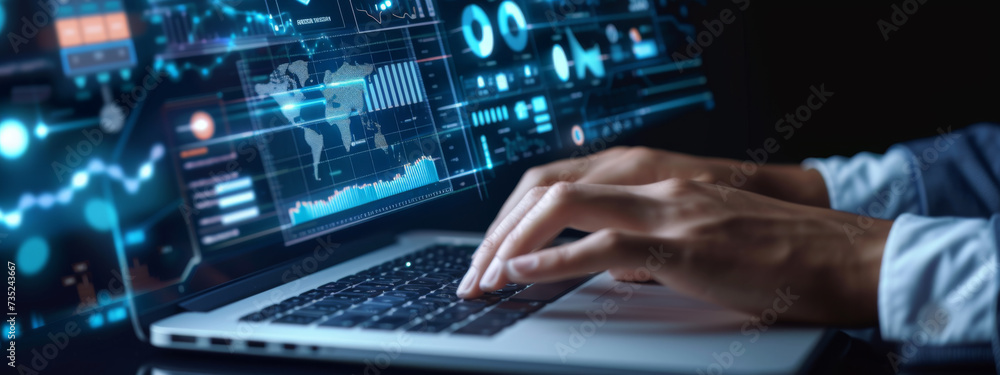 Poster person's hands are seen typing on a laptop keyboard, with futuristic digital graphics of charts, gra