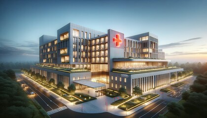 Illuminated Red Cross Sign Towers Over Hospital Complex Amidst Twilight Hues and Sprawling Landscape - obrazy, fototapety, plakaty