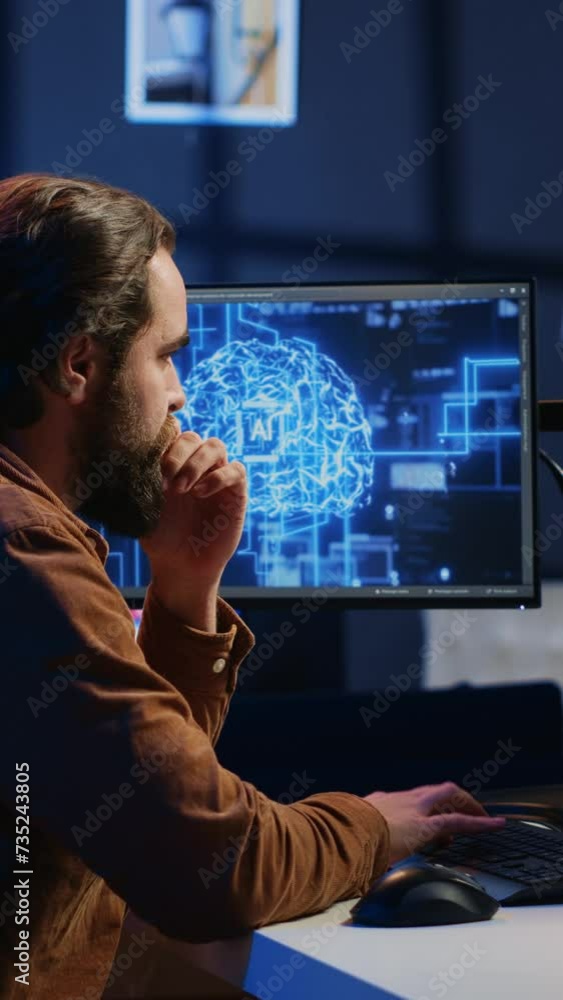 Poster software developer writes code on multimonitor setup pc to visualize artificial intelligence neural 