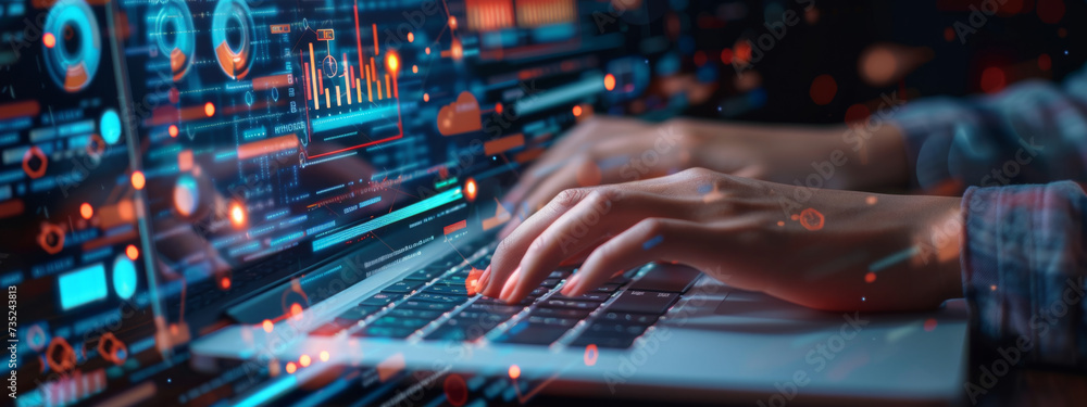 Aufkleber person's hands are seen typing on a laptop keyboard, with futuristic digital graphics of charts, gra