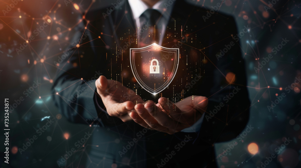 Aufkleber professional in a suit with an illuminated shield icon hovering above his open hands.