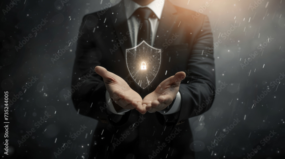 Aufkleber professional in a suit with an illuminated shield icon hovering above his open hands.