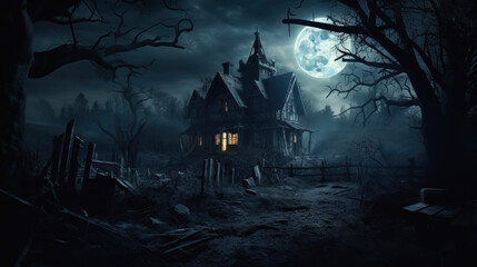 Fototapeta na wymiar Haunted House with Full Moon in Eerie Night