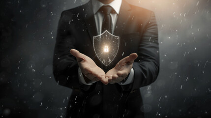 professional in a suit with an illuminated shield icon hovering above his open hands. - obrazy, fototapety, plakaty